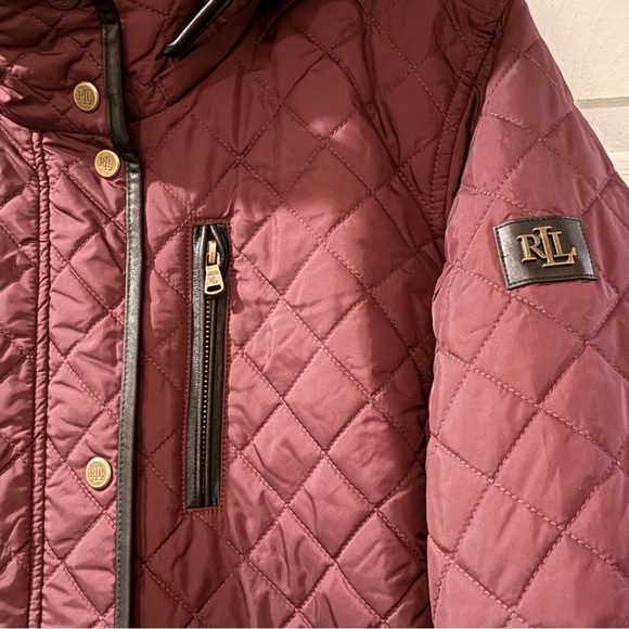 Lauren Ralph Lauren Quilted Hooded Coat XL Burgundy Equestrian Lining - Picture 3 of 14